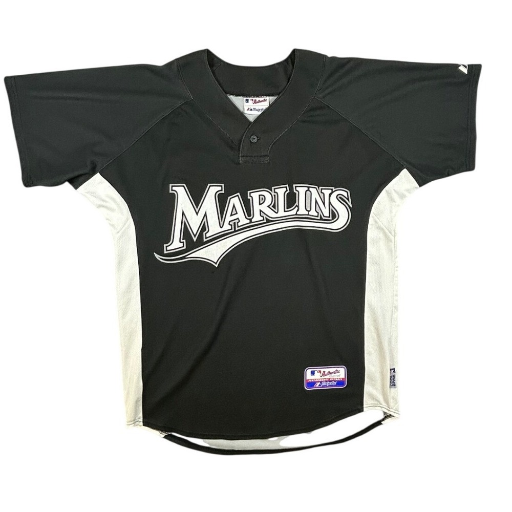 Majestic Florida Marlins MLB Authentic Collection Jersey Black White Mens XL